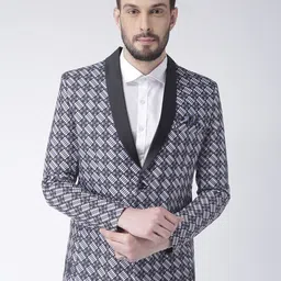 Hangup Men White & Black Printed Shawl Collar Tuxedo Blazer-picture-16