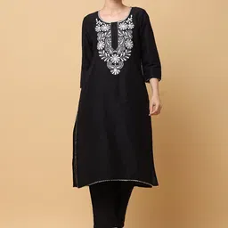 aayusika Black Ethnic Motifs Yoke Design Thread Work Detailed Straight Kurta Set-picture-2