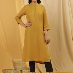 W Yellow Striped Mandarin Collar Straight Kurta with Trousers-image-71
