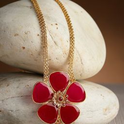 ZENEME Woman Gold Plated Red Stone Studded Flower Pendant-image-82