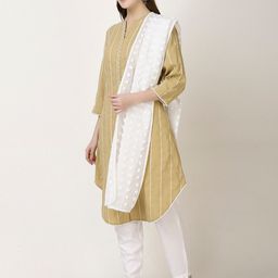 FFU Striped Embroidered Mandarin Collar A-Line Kurta With Trousers & With Dupatta image 4