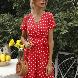 StyleCast Red Polka Dot Printed V-Neck Tie-Ups Detail Mini Wrap Dress-picture-24