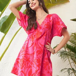 SASSAFRAS Magenta Pink Floral Printed Extended Sleeves Pure Cotton Empire Midi Dress-image-58