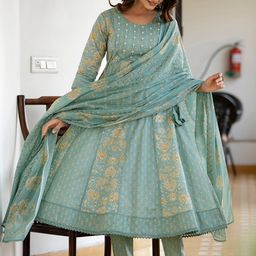 Anouk Green Floral Printed Panelled Pure Cotton Anarkali Kurta With Trousers & Dupatta-picture-56