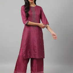 W Women Purple Yoke Design Embellished Kurta-image-66