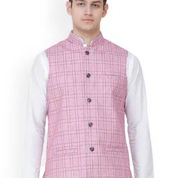 Exotic India Checked Woven Nehru Jacket-image-29