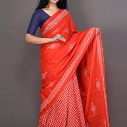 KIAARON Ethnic Motifs Pure Cotton Block Print Saree-image-16