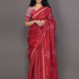 KIAARON Ethnic Motifs Pure Cotton Block Print Saree-image-57