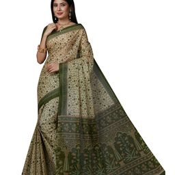 SHANVIKA Beige & Green Floral Pure Cotton  Block Print Saree-image-1