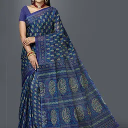 SHANVIKA Blue & Beige Pure Cotton Block Print Saree-9