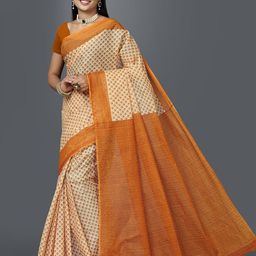 SHANVIKA Beige & Rust Floral Pure Cotton Block Print Saree-image-95