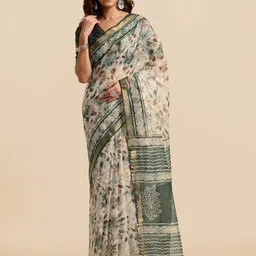 MIRCHI FASHION Off White & Green Floral Printed Zari Block Print Saree-picture-29