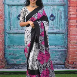 TROPWEAR Abstract Mulmul Cotton Block Print Saree image 1