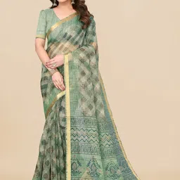 MIRCHI FASHION Teal Green Checked Zari Kota Saree-14