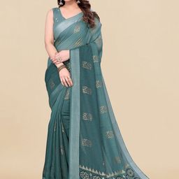 MIRCHI FASHION Green & Gold-Toned Ethnic Motifs Zari Block Printed Saree-image-9