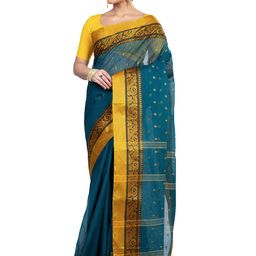 PuJoy Floral Zari Woven Design Pure Cotton Taant Saree-image-49