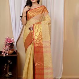 PuJoy Ethnic Motifs Woven Design Zari Pure Cotton Taant Saree-image-98