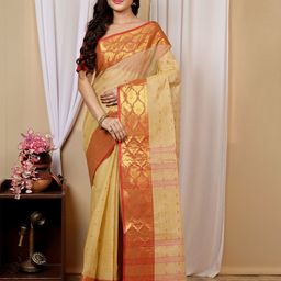 DipDiya Ethnic Motifs Zari Pure Cotton Handloom Taant Saree-image-51