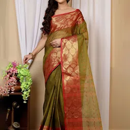PuJoy Floral Zari Pure Cotton Handloom Taant Saree-image-6