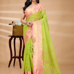 DipDiya Green & Pink Ethnic Woven Design Zari Pure Cotton Taant Saree-image-13