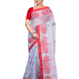 PuJoy Ethnic Motifs Woven Design Pure Cotton Handloom Taant Saree-picture-0