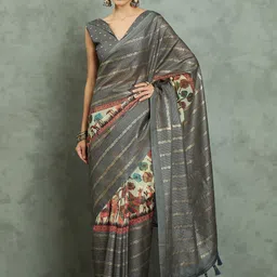 Mitera Woven Design Zari Block Print Saree image 5