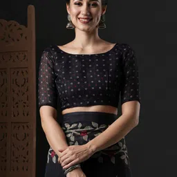 Anouk Black & Red Floral Printed Block Print Saree image 2