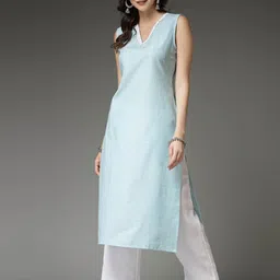 Stylum Blue & White V Neck Straight Kurta with Trousers-image-42