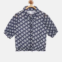 KiddoPanti White & Navy Blue Geometric Print Georgette Shirt Style Top-picture-21