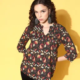 all about you Women Midnight Black Pure Cotton Ethnic Motif Print Top-image-21