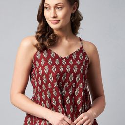 Orchid Blues Maroon Print Strappy Pure Cotton Top-image-75