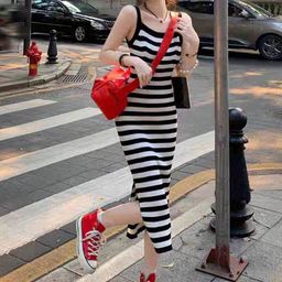StyleCast Black & White Striped Shoulder Strap Bodycon Midi Dress-18