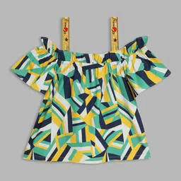 Blue Giraffe Girls White & Green Geometric Printed Top-25