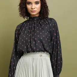 Tokyo Talkies Black Floral Printed High Neck Cuffed Sleeves Gathered or Pleated Top-image-64