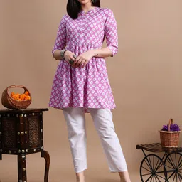 GLOWWORLD Polka Dots Printed Mandarin Collar Three-Quarter Sleeves A-Line Top-picture-7