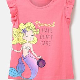 United Colors of Benetton Girls Flutter Sleeves Mermaid Typography Printed Cotton Top-picture-1
