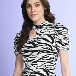 BAESD Abstract Printed High Neck Puff Sleeves Cut Out Top-picture-30