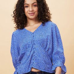 Globus Blue Polka Dots Printed V-Neck Gathered Detailed Regular Top-17
