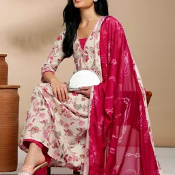 Anouk Cream Floral Printed V-Neck Pure Cotton Anarkali Kurta with Trousers & Dupatta-picture-41