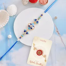 Designer Blue Enamelled And Beaded Men's Rakhi For Brother Mauli Thread Chawal Roli PackSet-image-2