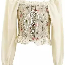 Party Puff Sleeves Floral Print Women Beige Top-image-4