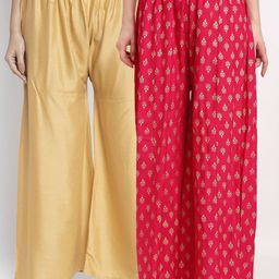 GRACIT Women Beige & Pink 2 Printed Flared Knitted Ethnic Palazzos-image-57