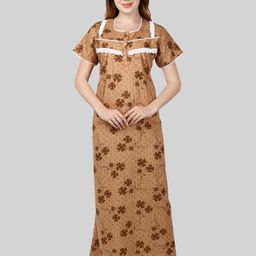 ROVARS Brown & White Printed Pure Cotton Maxi Nightdress-image-37