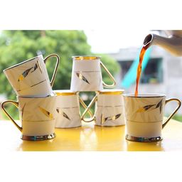 Femora Set of 6 White & Gold-Toned Printed Bone China Glossy Cups-3