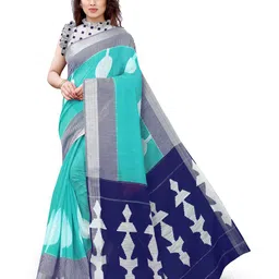 KALINI Turquoise Blue & Black Floral Zari Saree-image-58