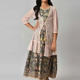 AURELIA Girls Pink & Navy Blue Printed Maxi Dress with Longline Jacket-image-16
