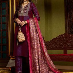 Sangria Embroidered Kurta With Self-Design Trouser & Dupatta-image-64
