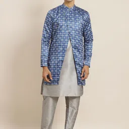 SOJANYA Men Grey & Navy Blue Solid Kurta with Churidar & Ethnic Printed Jacket-36