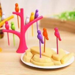 red champion Bird Shape Fruit Fork Set with Tree Stand and 6 Fork Pack -4 Disposable Silicone Salad Fork, Baby Fork, Dessert Fork, Dinner Fork, Fruit Fork, Serving Fork Set image 5