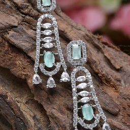 ZENEME Rhodium Plated AD Studded Drop Earrings-2